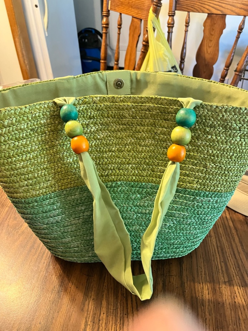 Kirkland’s Green Ombre Straw Tote Bag with Bead-Accent Handles